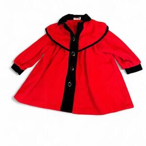 Vintage 90s Red Fleece Black Velvet Lined Coat Size 3-4 Kids Bow Coquette Xmas